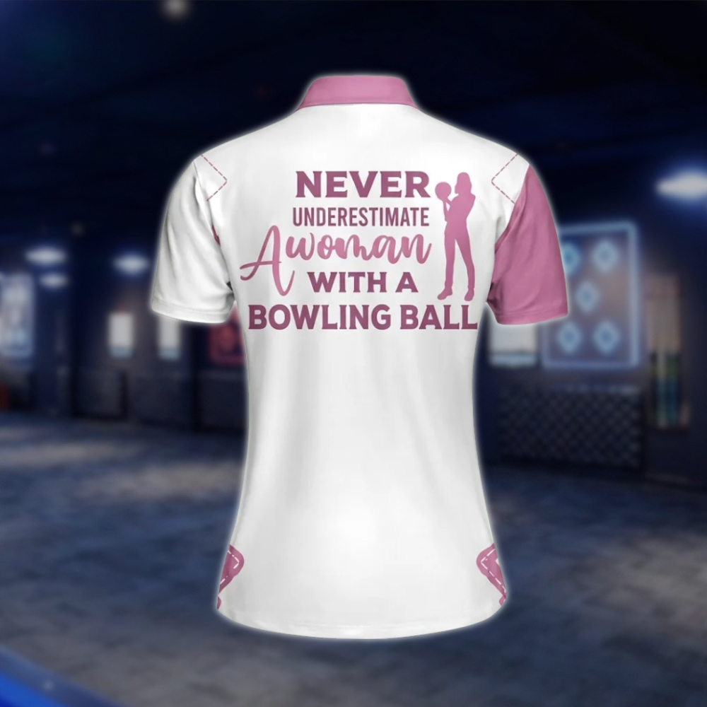 Never Underestimate An Old Women With A Bowling Ball Custom Name Bowling Polo Shirt, Custom Funny Bowling Shirt For Ladies White Pink BW0026
