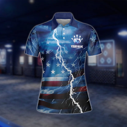 Womens Custom Amercian Flag Thunder Bowling Polo Shirt, Custom Patriotic Bowling Team Shirts For Ladies BW0122