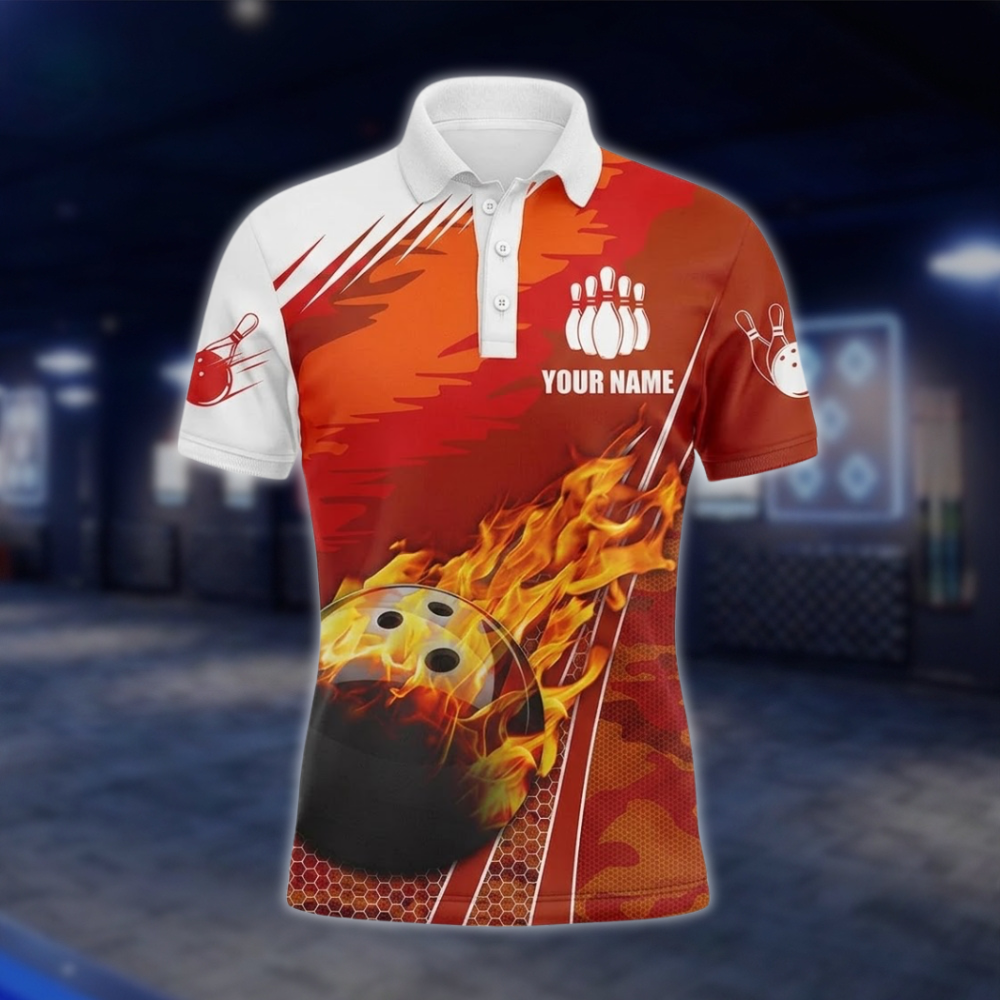 Personalized Flame Orange White Bowling Polo Shirt Mens, Custom Flame Bowling Team Shirts BZ0735