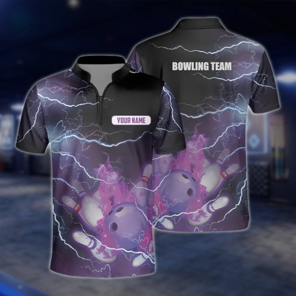 Custom Flame Purple Black Bowling Jersey For Mens, Custom Team Flame Bowling Shirts BZ0044