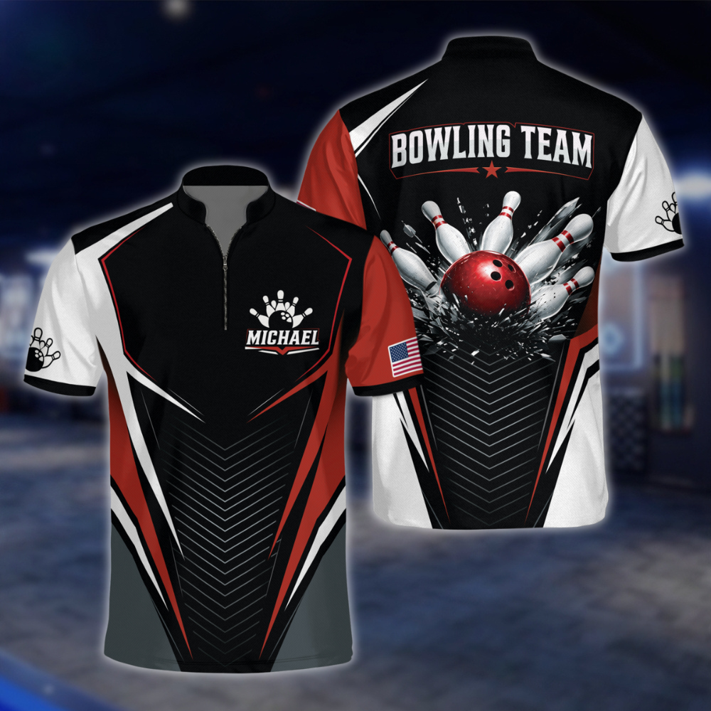 Personalized Black Red Bowling Team Jersey, Custom Mens Bowling Shirt BZ0872