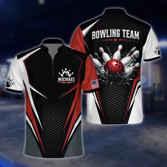 Personalized Black Red Bowling Team Jersey, Custom Mens Bowling Shirt BZ0872