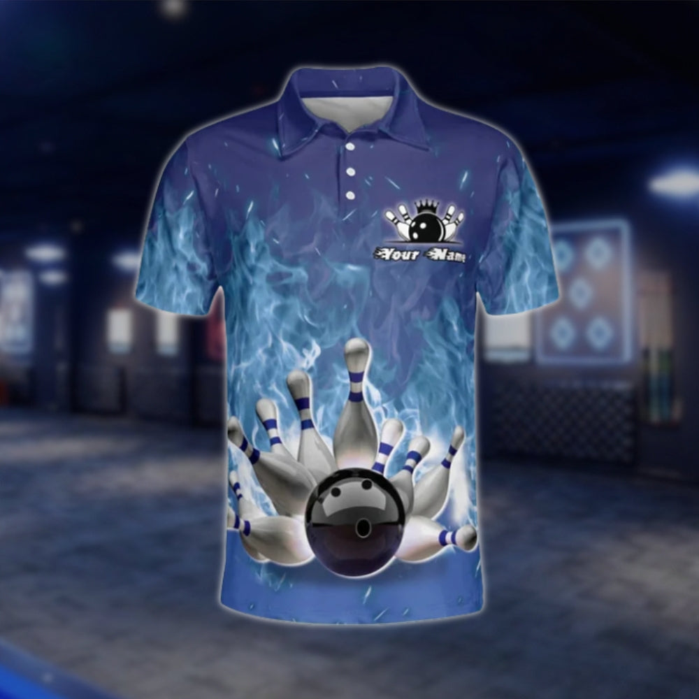 My Drinking Team Has A Bowling Problem Custom Blue Flame Mens Bowling Polo Shirt, Custom Funny Bowling Shirt With Name BZ0114