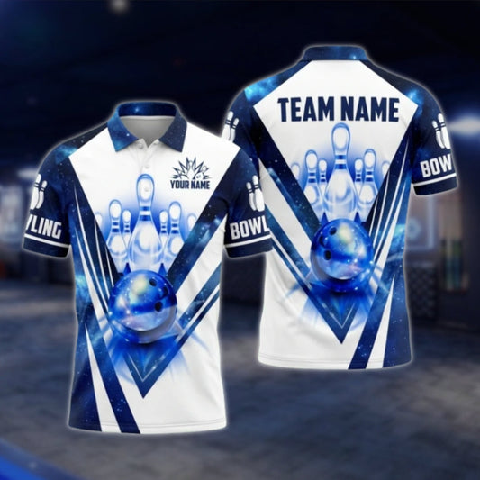 Custom Team Blue White Mens Bowling Polo Shirt, Custom Bowling Team Shirts BA0021