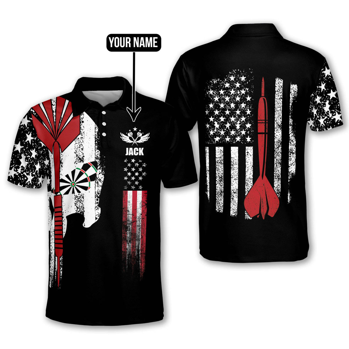 Skull American Flag Personalized Darts Button Polo
