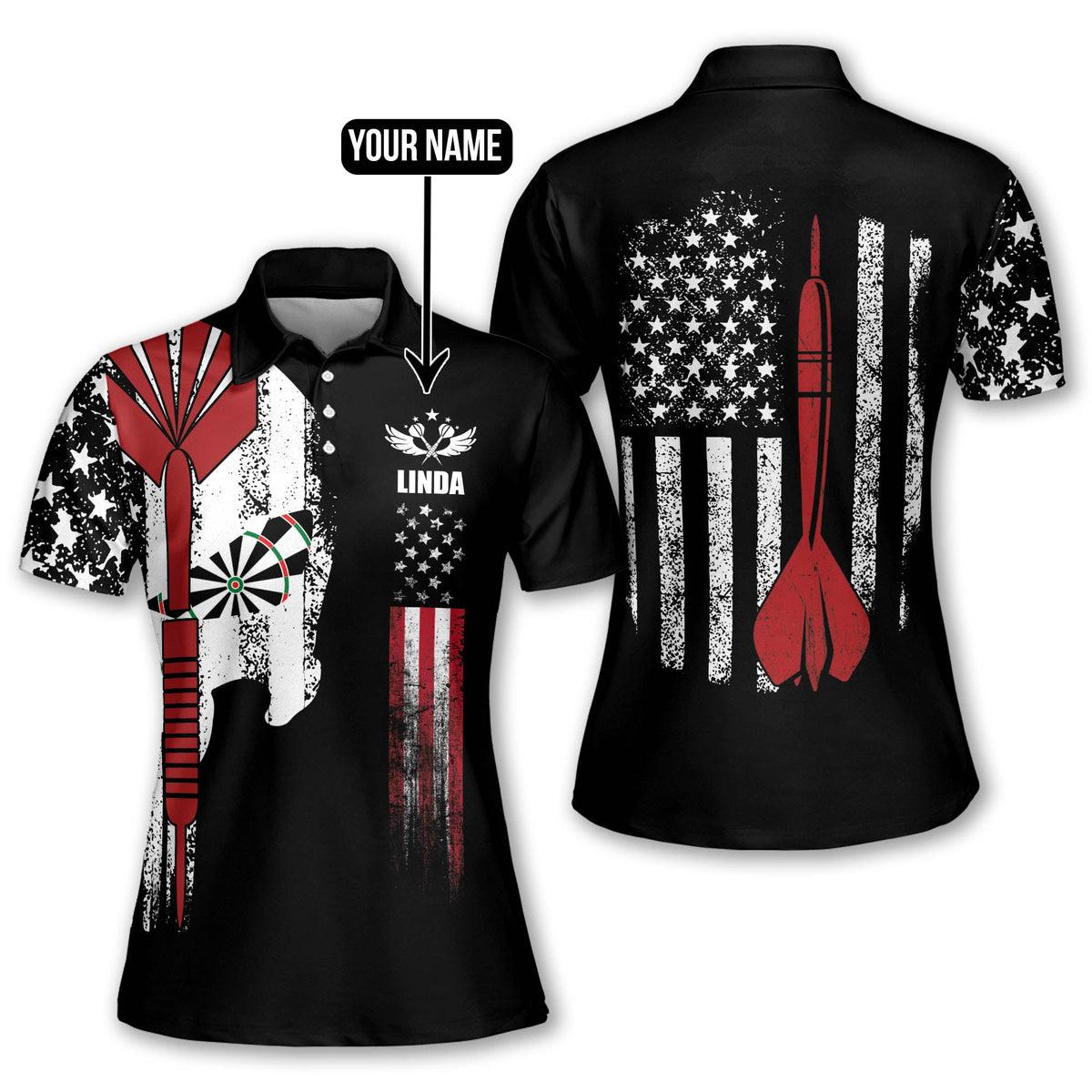 Skull American Flag Personalized Darts Button Polo