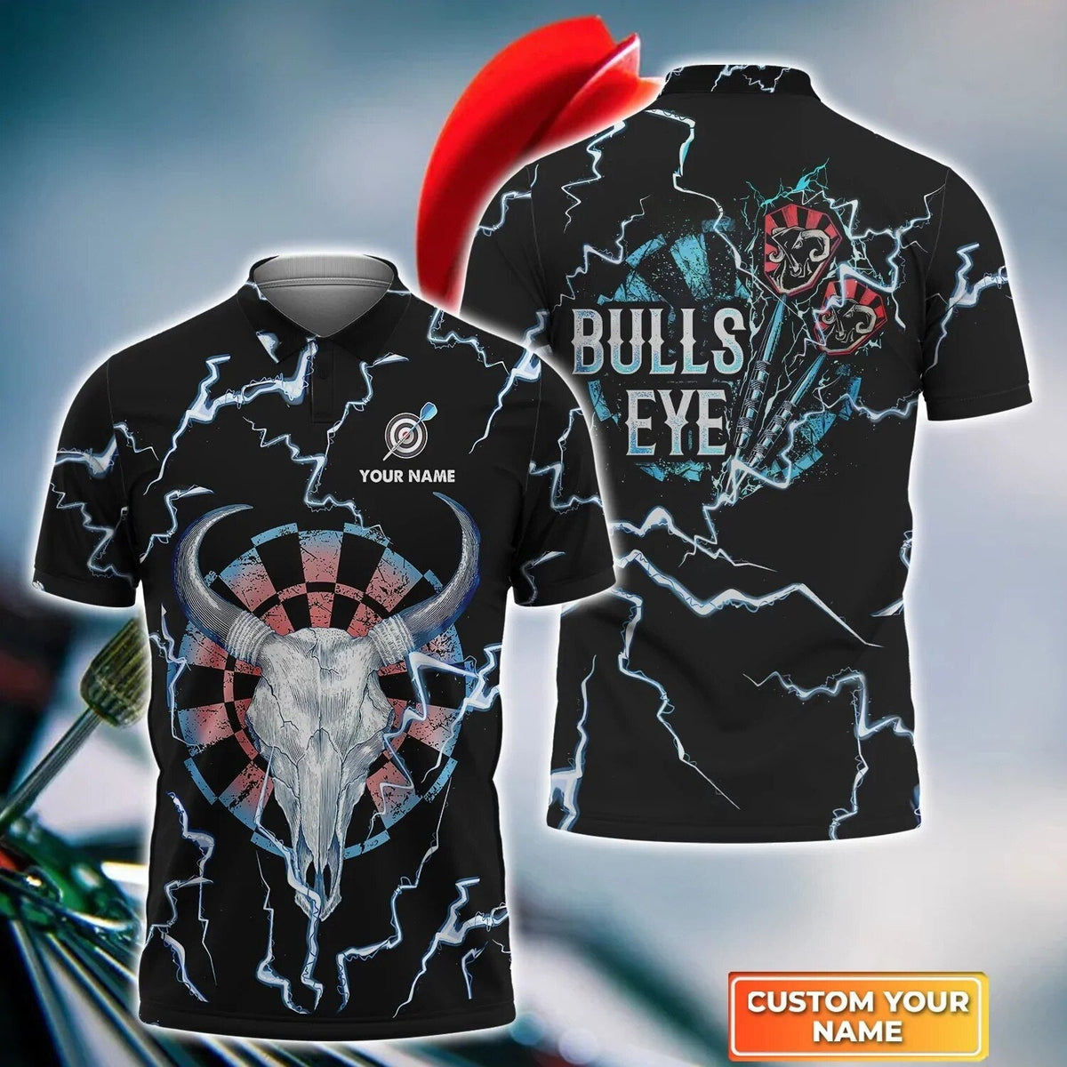 Black Bull Eye Thunder All Printed Polo Short for Man Personalized Darts Button Polo