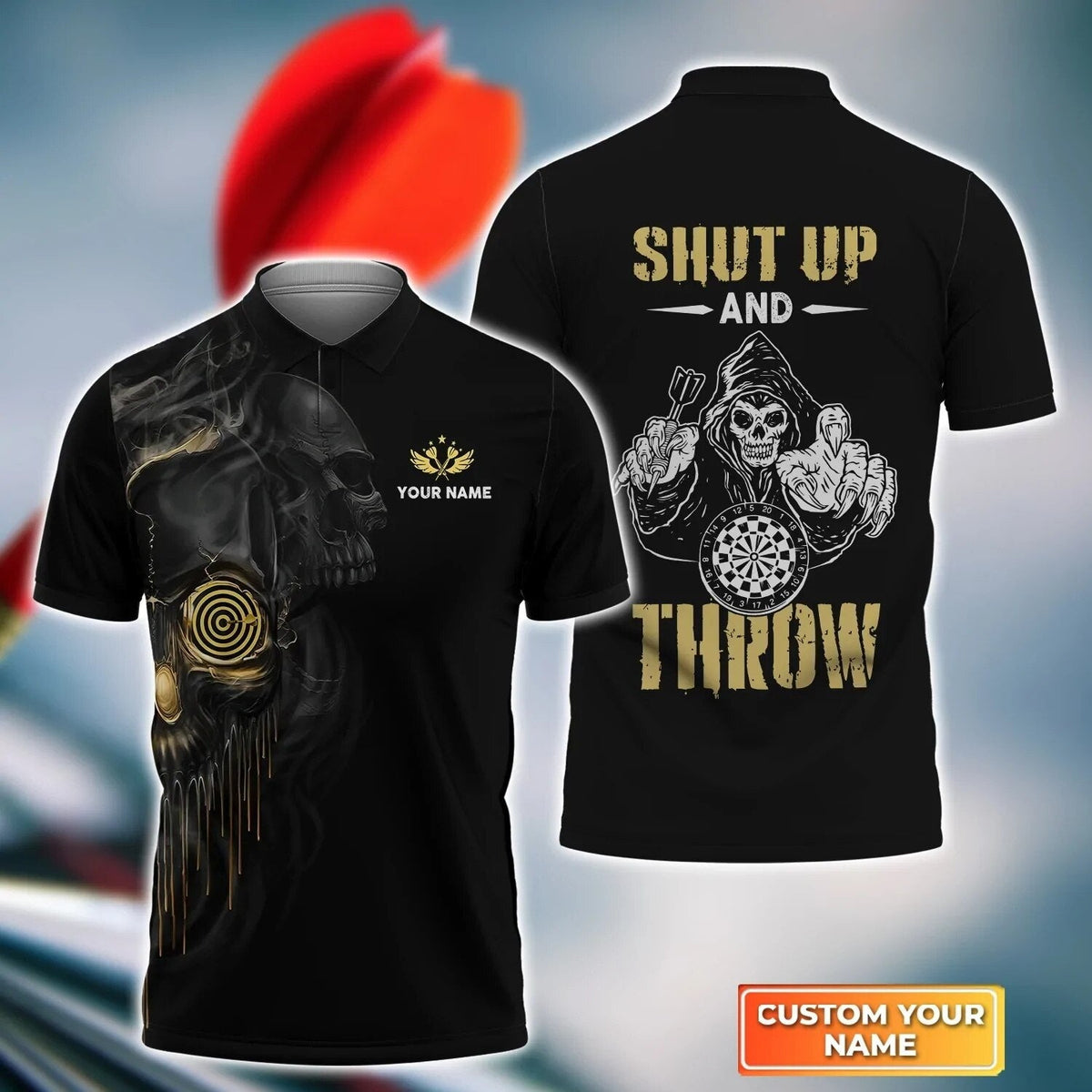 Skull Personalized Darts Button Polo — Design 06