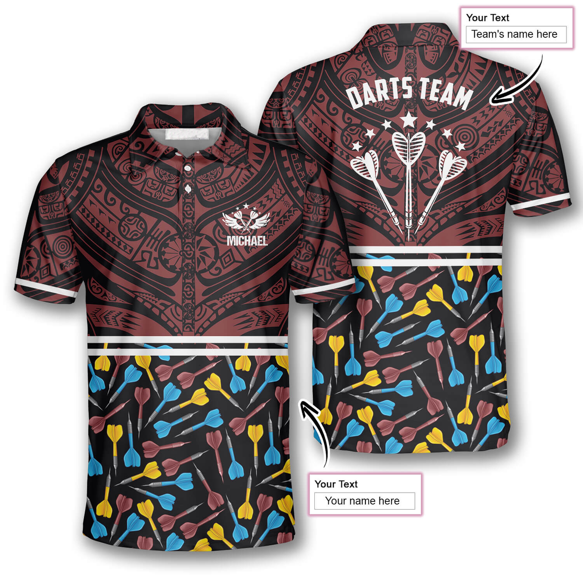 Polynesian Pattern Red Black Version Personalized Darts Button Polo