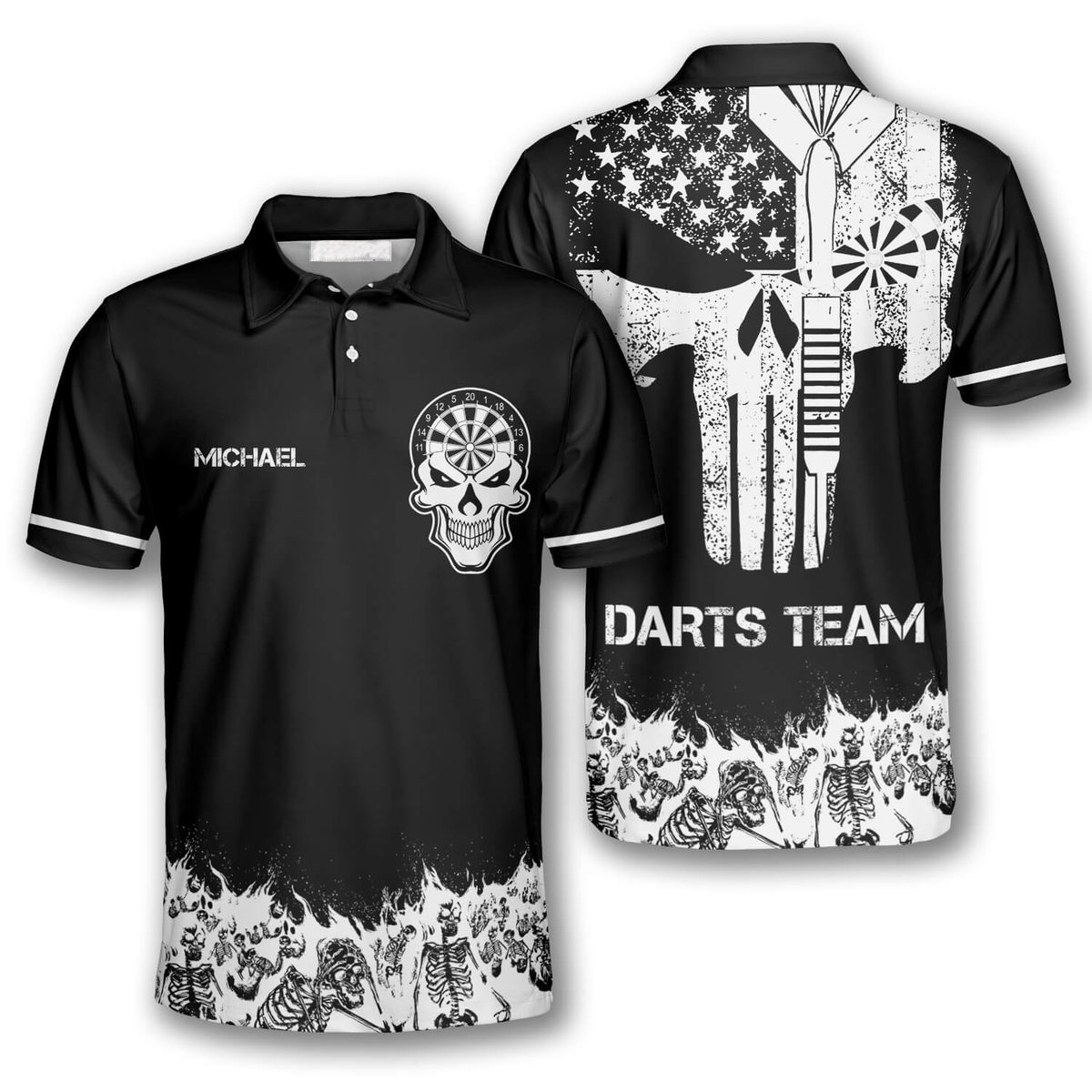 Skull Skeletons Black White Version Personalized Darts Button Polo
