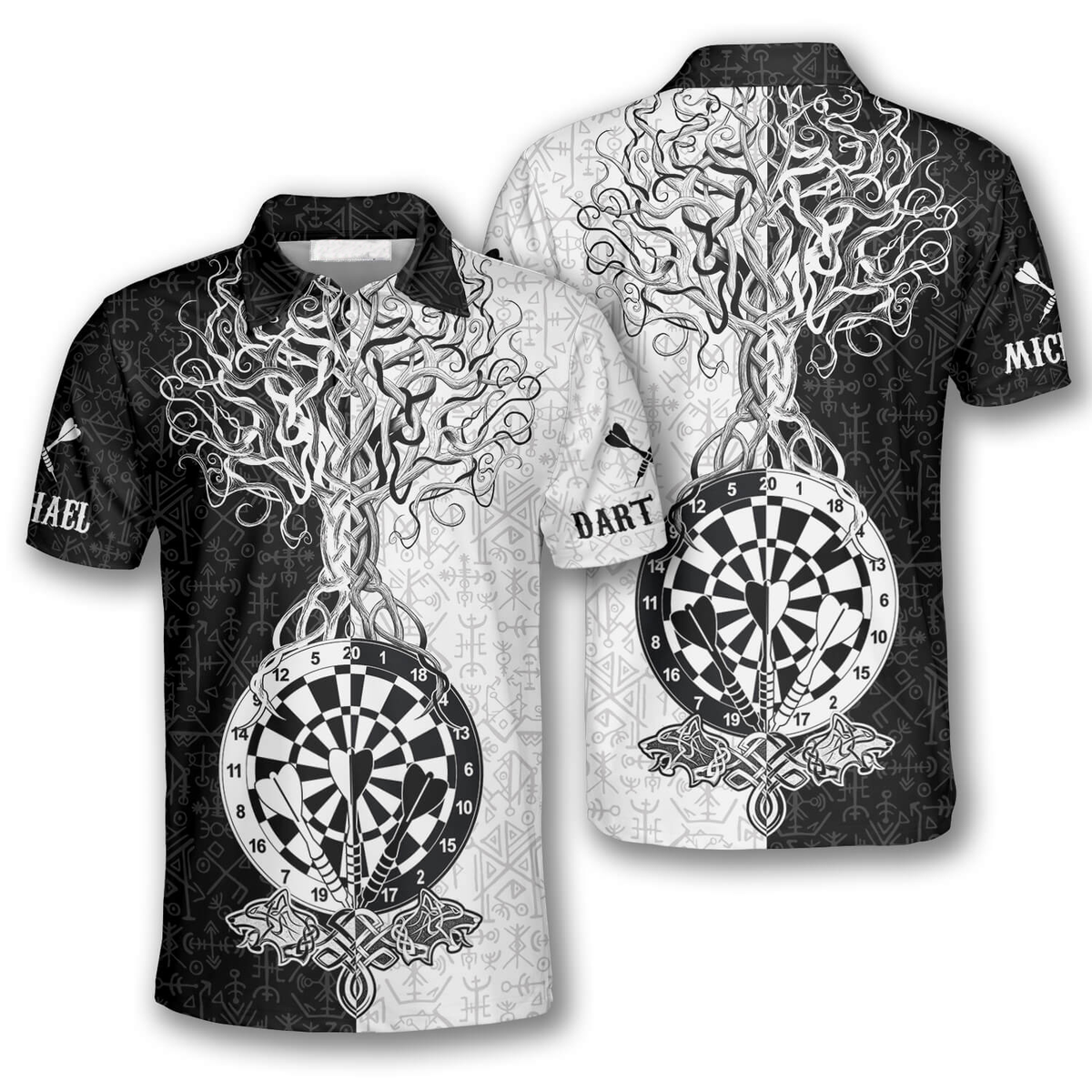 Warrior Viking Black White Personalized Darts Button Polo