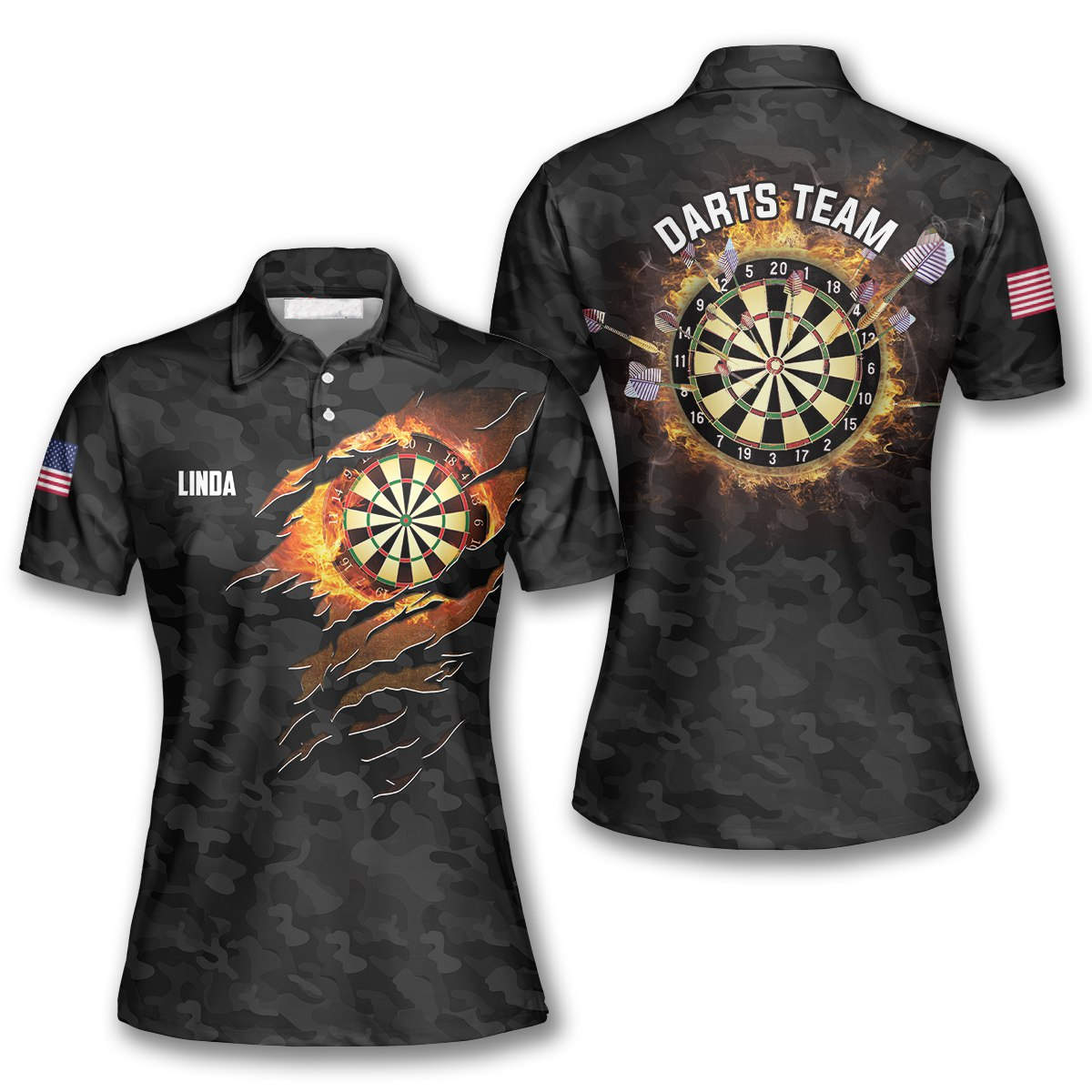 Fire Flame Black Camouflage Personalized Darts Button Polo