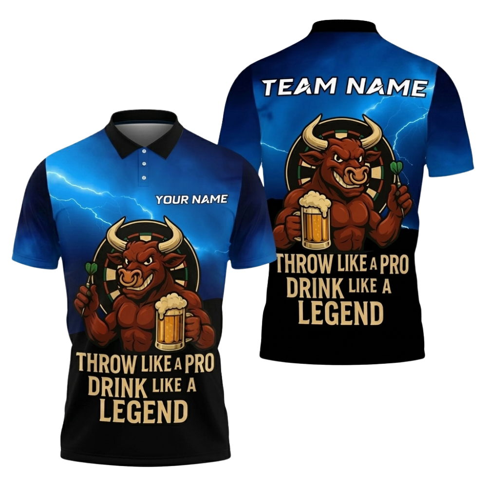 Throw Like a Pro Drink Like a Legend Bull Personalized Darts Button Polo