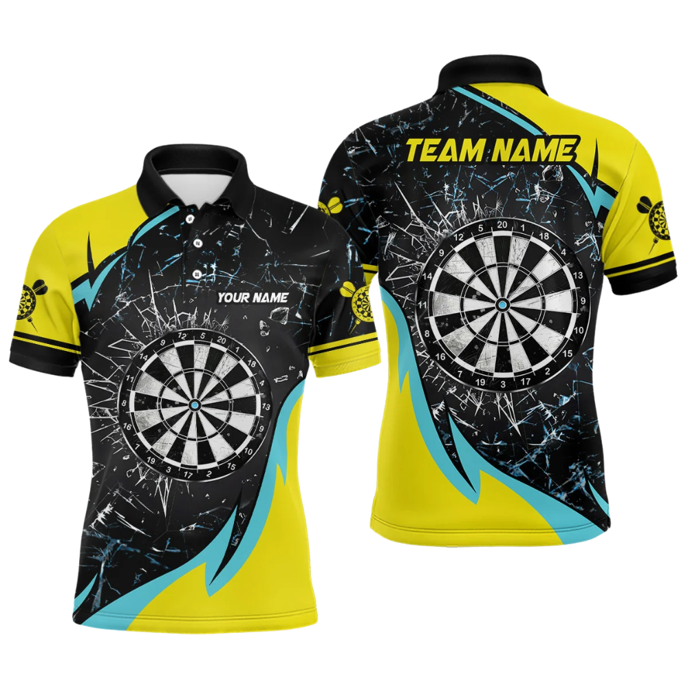 Team Yellow Cyan Black Mens Personalized Darts Button Polo