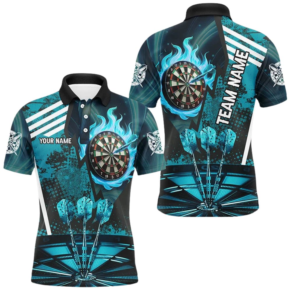 Cyan Flame Dartboard Personalized Darts Button Polo