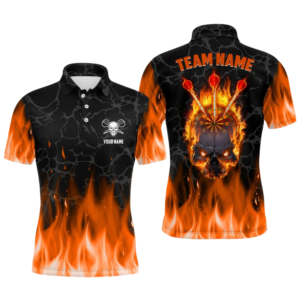 Orange Flame Mens Personalized Darts Button Polo