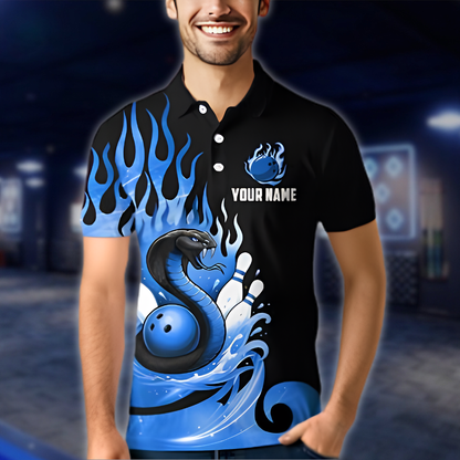 Persoanlized Snake Flaming Blue Bowling Men Polo Shirt, Custom Snake Bowling Shirt Team BZ0898