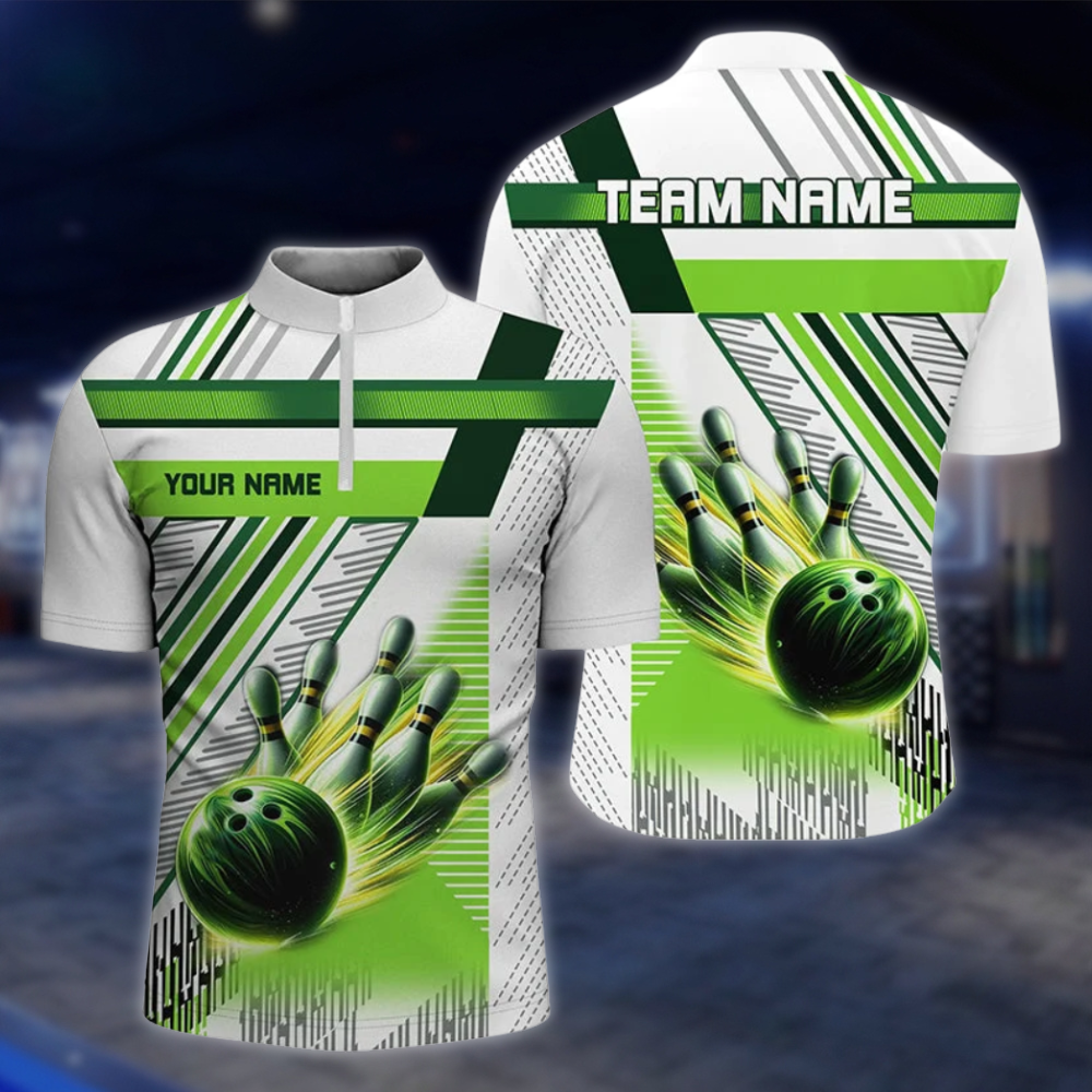 Personalized Team Green And White Bowling Jersey For Men, Custom Bowling Shirts BZ0808