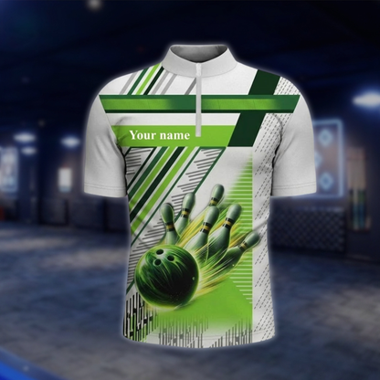 Personalized Team Green And White Bowling Jersey For Men, Custom Bowling Shirts BZ0808