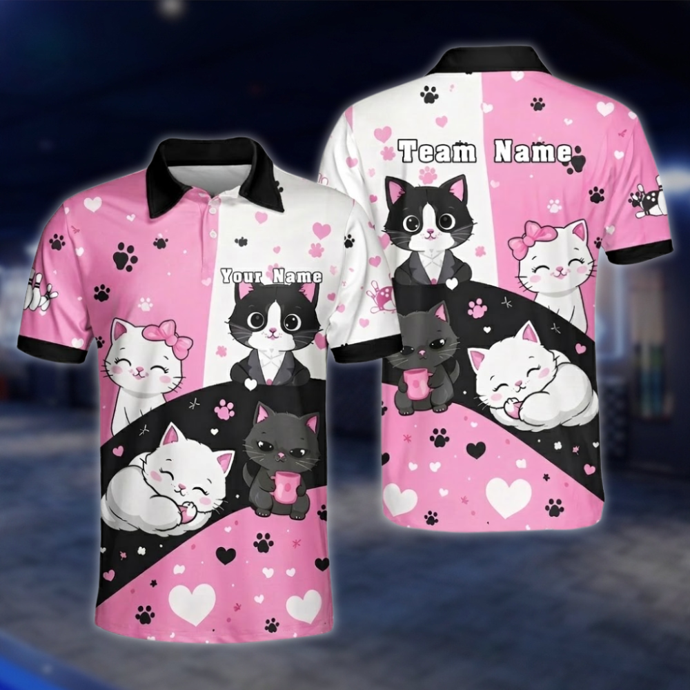 Personalized Cute Cate Bowling Polo Shirt Men, Pink White Custom Cat Bowling Shirt For Team BZ0853