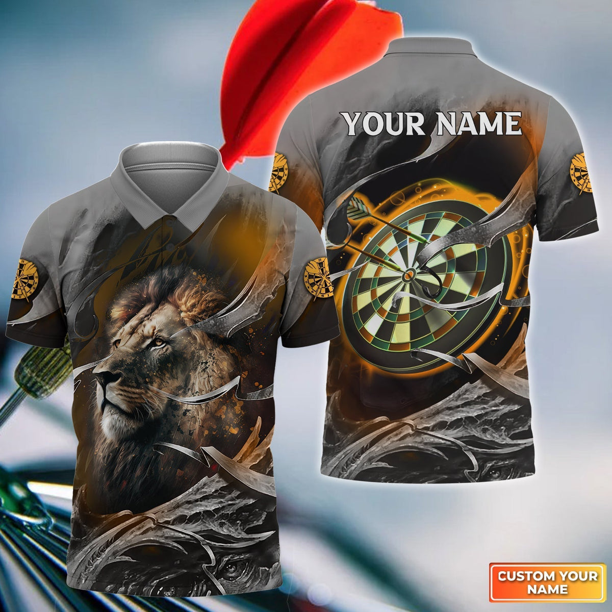 Bullseye Dartboard Lion and for Team Player Personalized Darts Button Polo