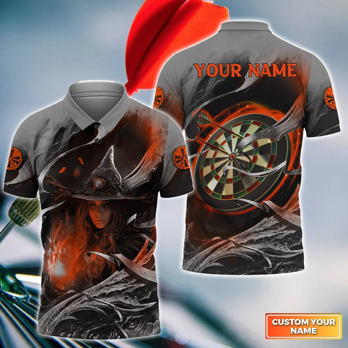 Witch and Personalized Darts Button Polo