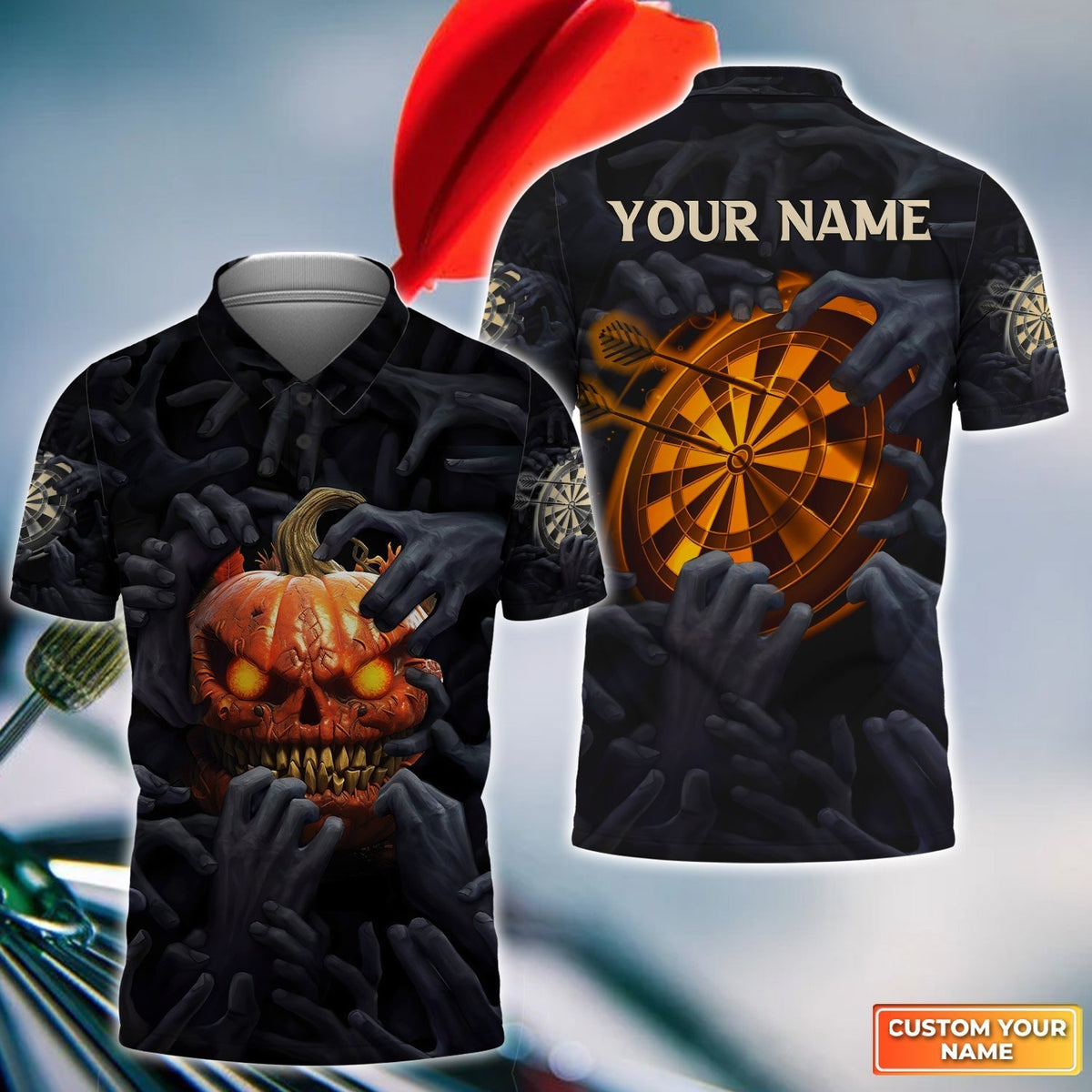 Bullseye Dartboard Pumpkin and for Team Player Personalized Darts Button Polo