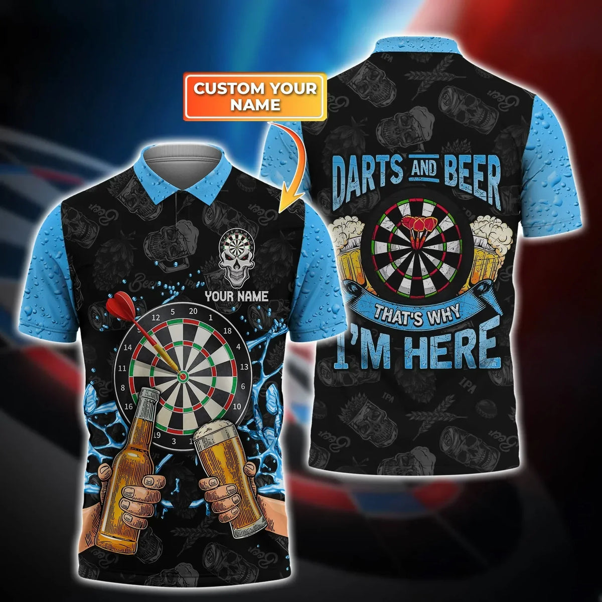 Blue and Beer Personalized Darts Button Polo