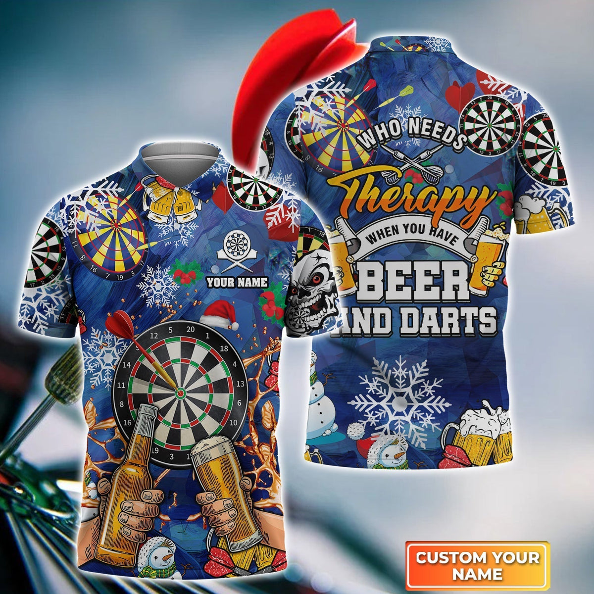 Who Needs Therapy When You Have Beer and Christmas Personalized Darts Button Polo