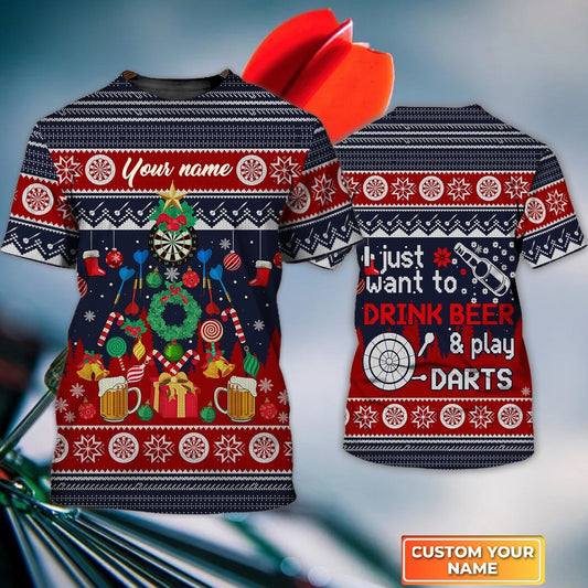 Just Want To Drink Beer and Play Christmas Personalized Darts Button Polo