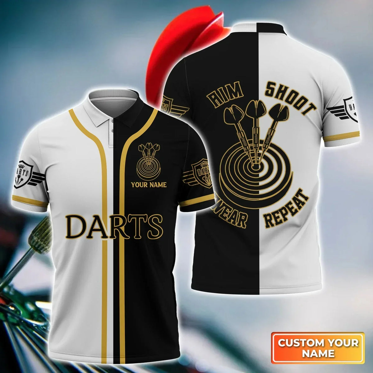 Aim Shoot Swear Repeat for Player Tad Personalized Darts Button Polo