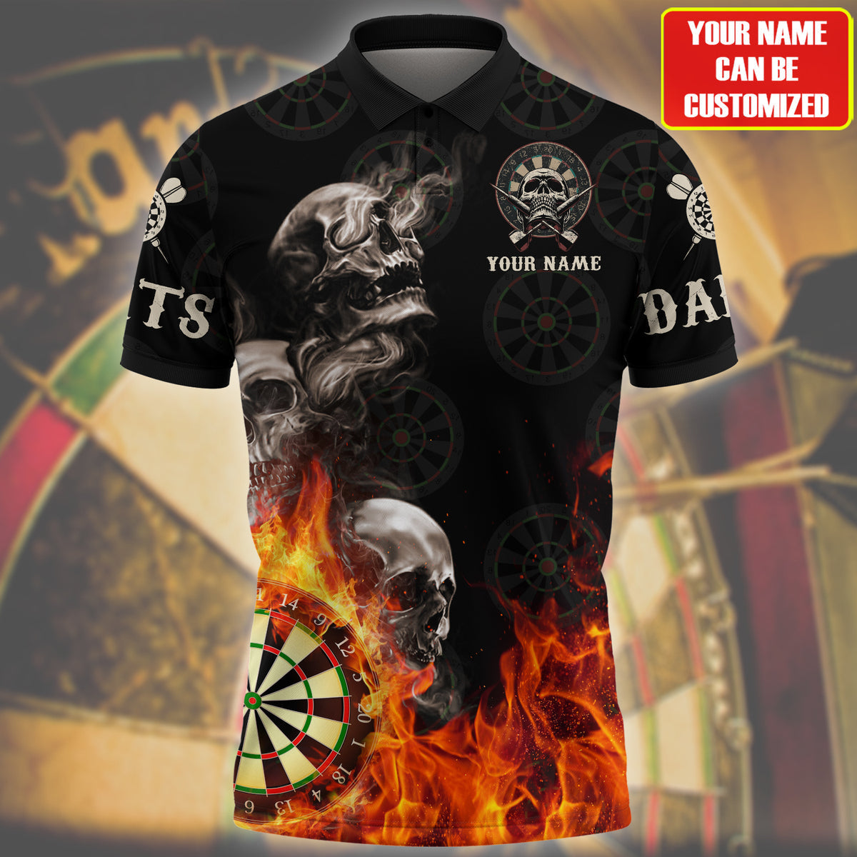 Skull On Fire Personalized Darts Button Polo
