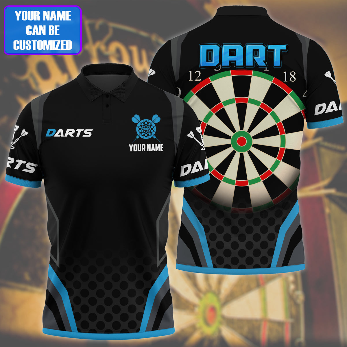 Blue Personalized Darts Button Polo — Design 02