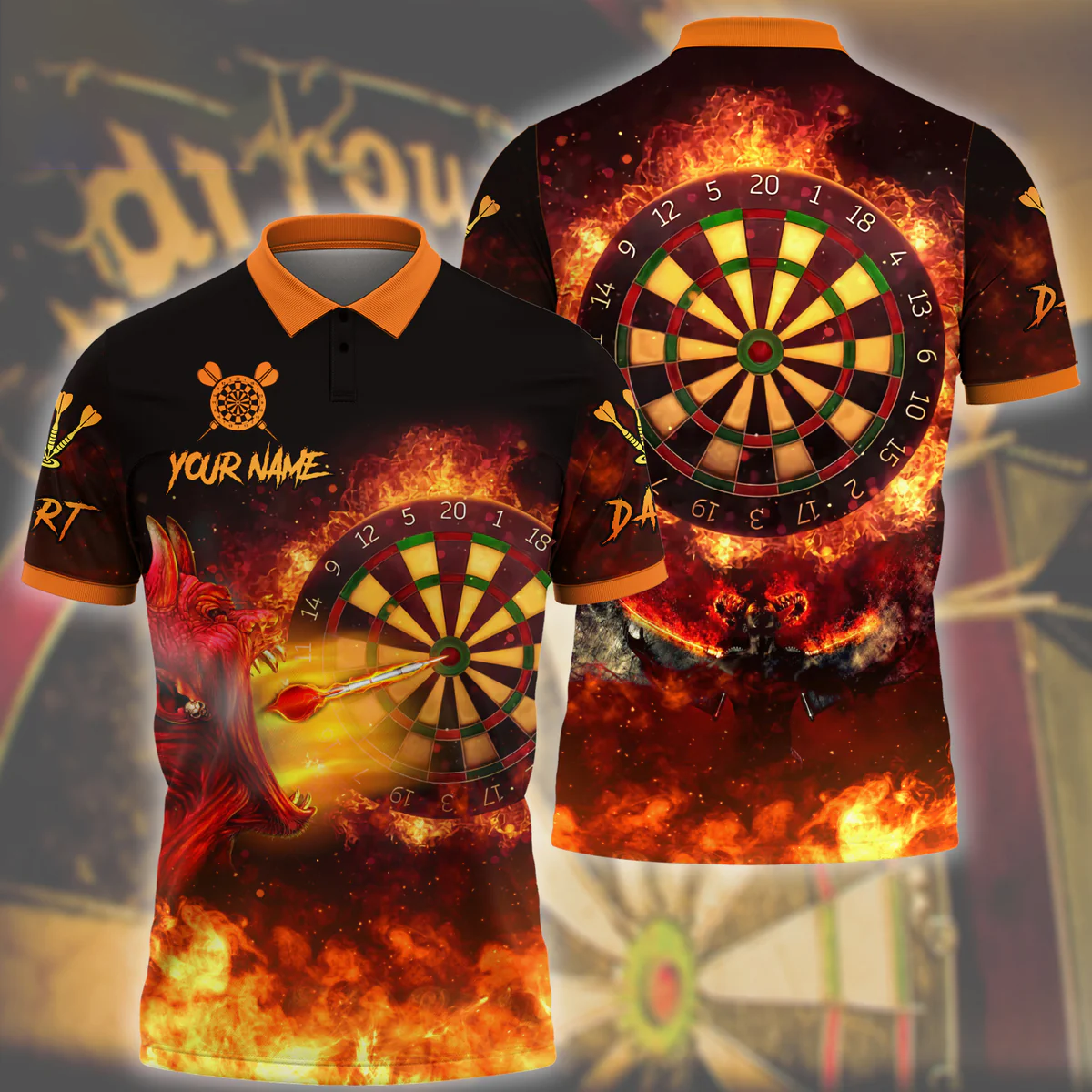 Devils Skull Fire Personalized Darts Button Polo