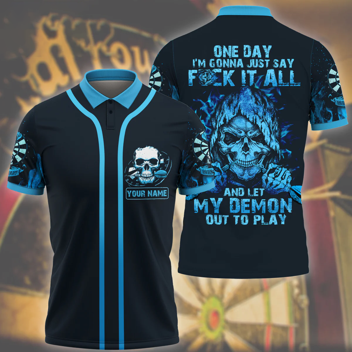 Demon Skull Personalized Darts Button Polo