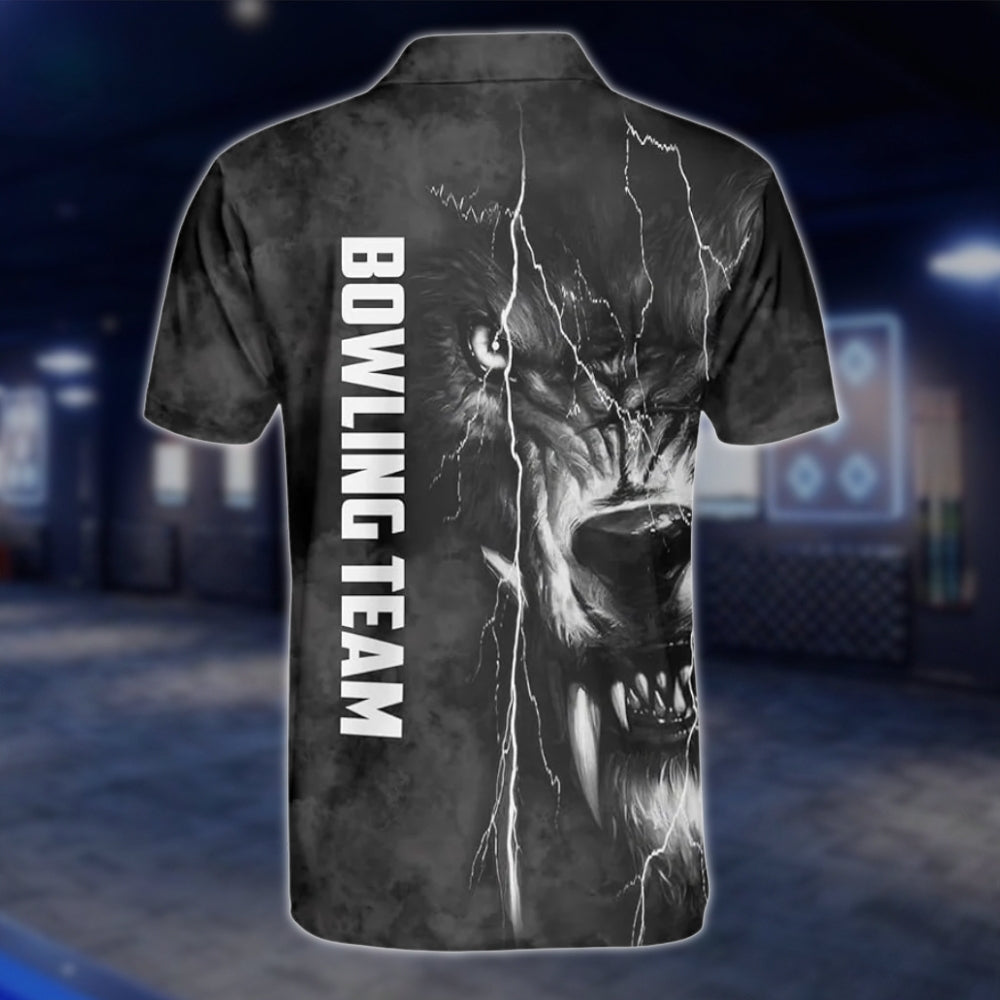 Custom Mens Wolf Black Bowling Polo Shirt, Custom Wolf Bowling Team Shirts BZ0260