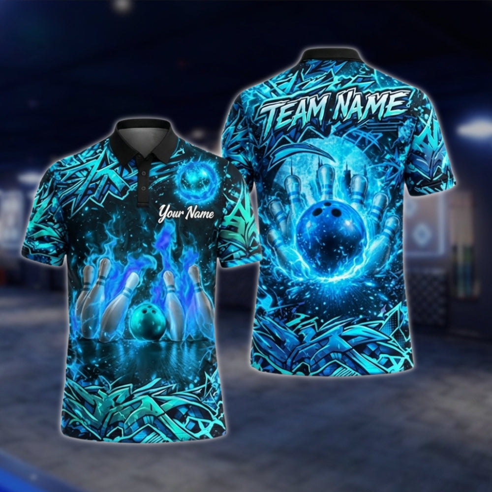 Custom Flame Graffiti Bowling Mens Polo Shirt, Custom Flame Bowling Team Shirts BZ0352