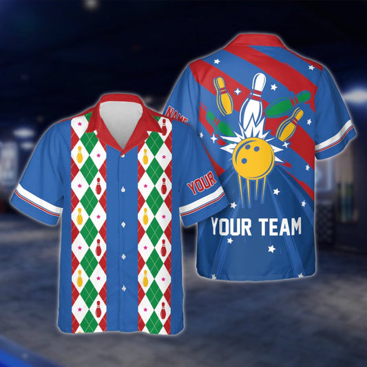 Custom Argyle Red Blue Green Hawaiian Bowling Shirt Men Women, Custom Retro Bowling Shirts For Team BE0015