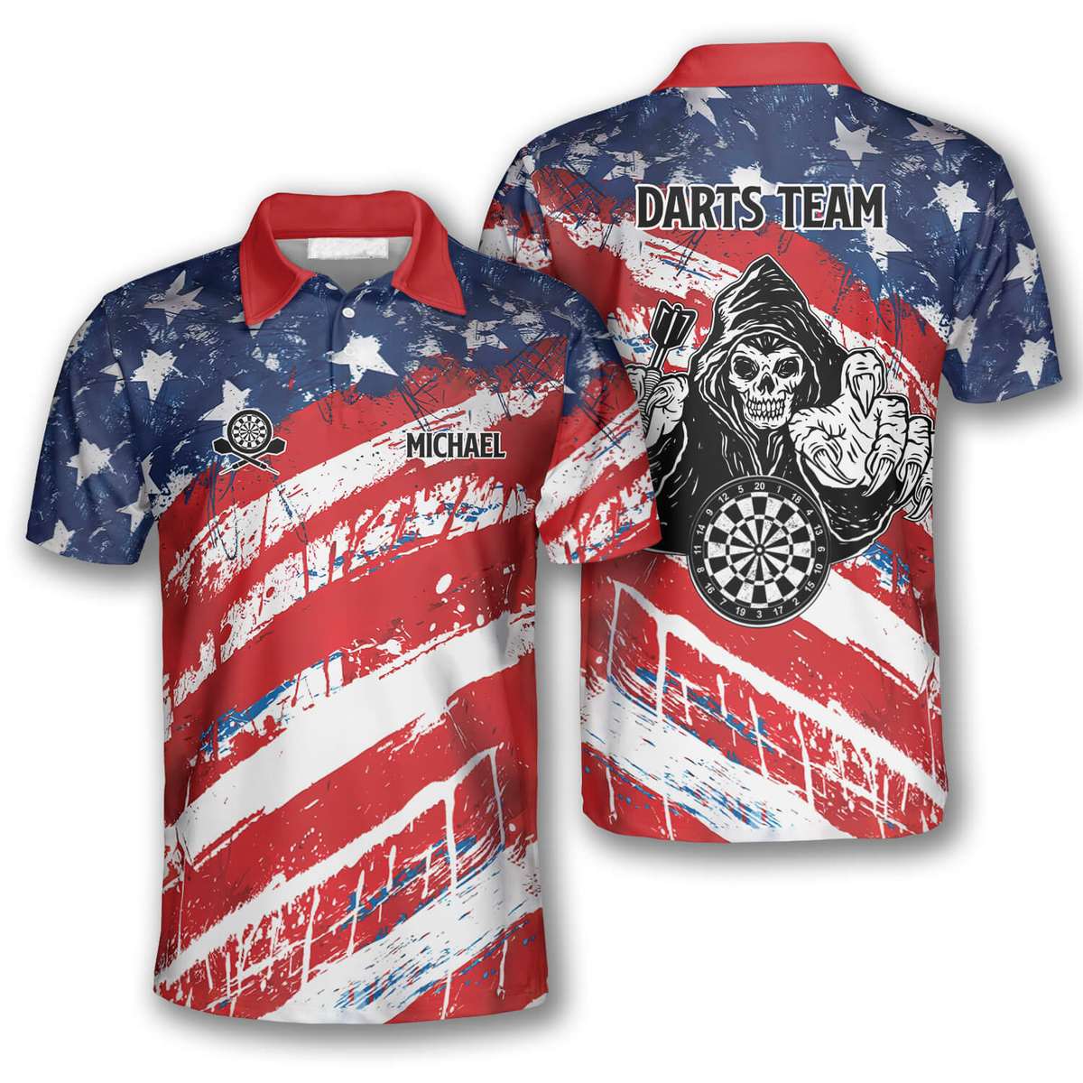 American Flag Water Color Personalized Darts Button Polo