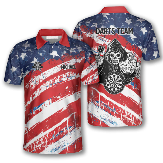 American Flag Water Color Personalized Darts Button Polo