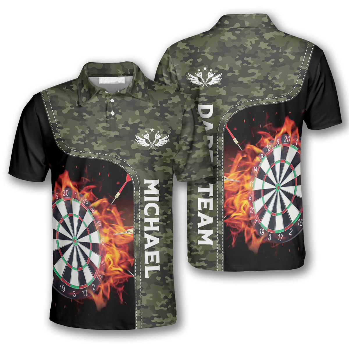 Camouflage Board Fire Flame Personalized Darts Button Polo