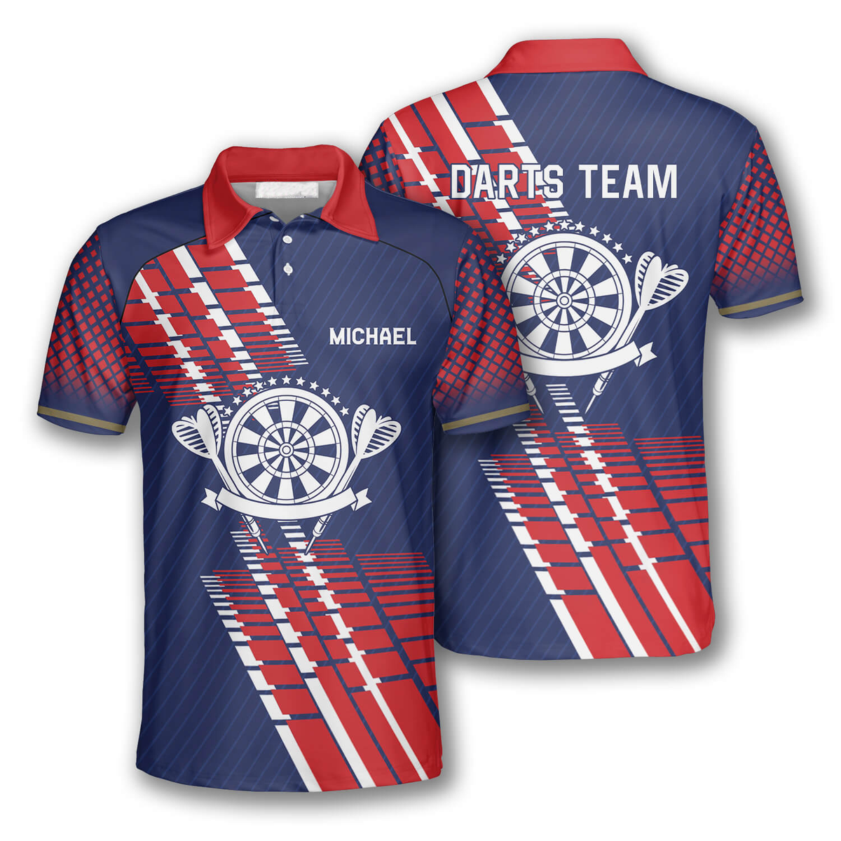 Blue Red Geometric Pattern Personalized Darts Button Polo