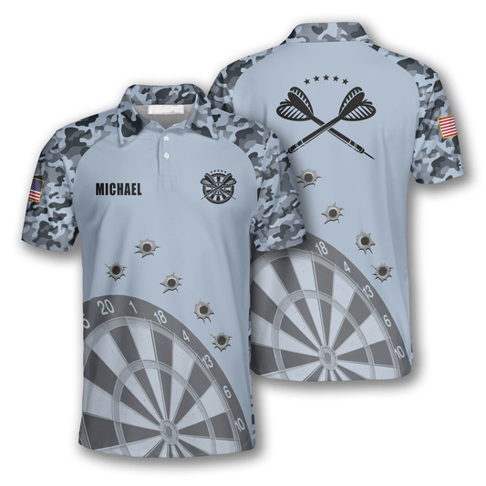 Blue Camouflage Gun Holes Personalized Darts Button Polo