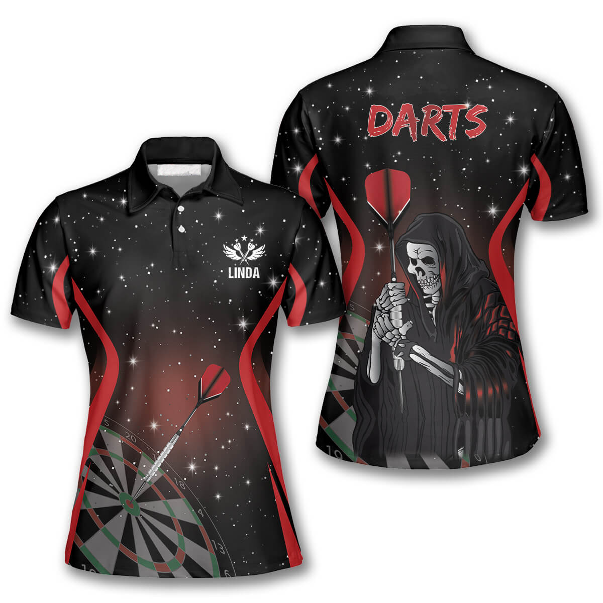 Grim Reaper Stars Personalized Darts Button Polo