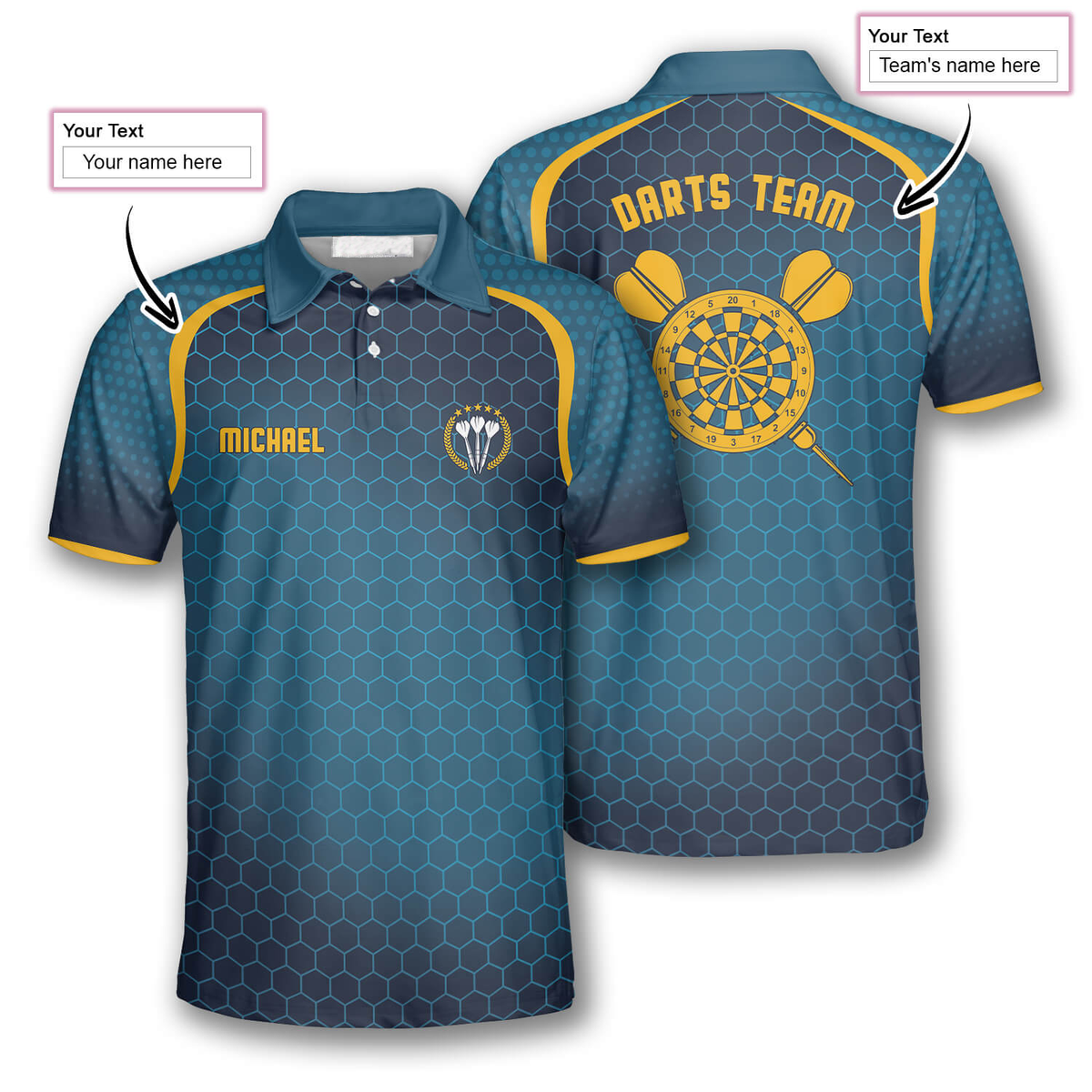 Honeycomb Pattern Yellow Blue Personalized Darts Button Polo