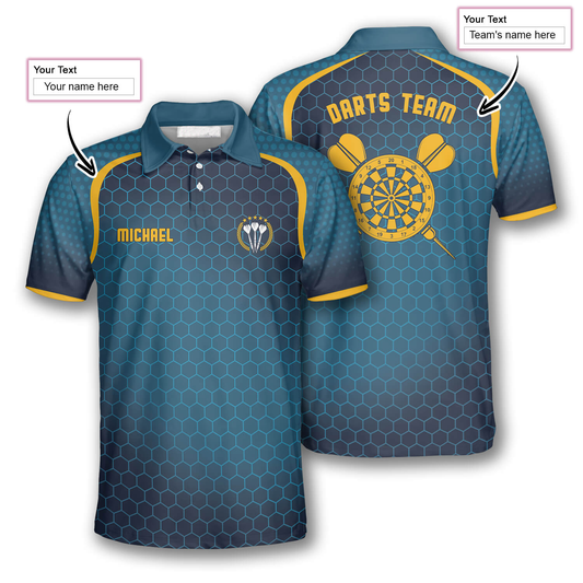 Honeycomb Pattern Yellow Blue Personalized Darts Button Polo