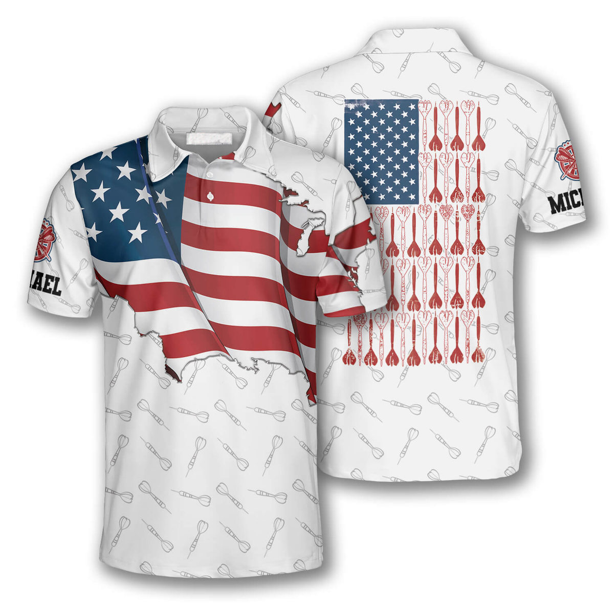 Patriotic USA Flag White Personalized Darts Button Polo