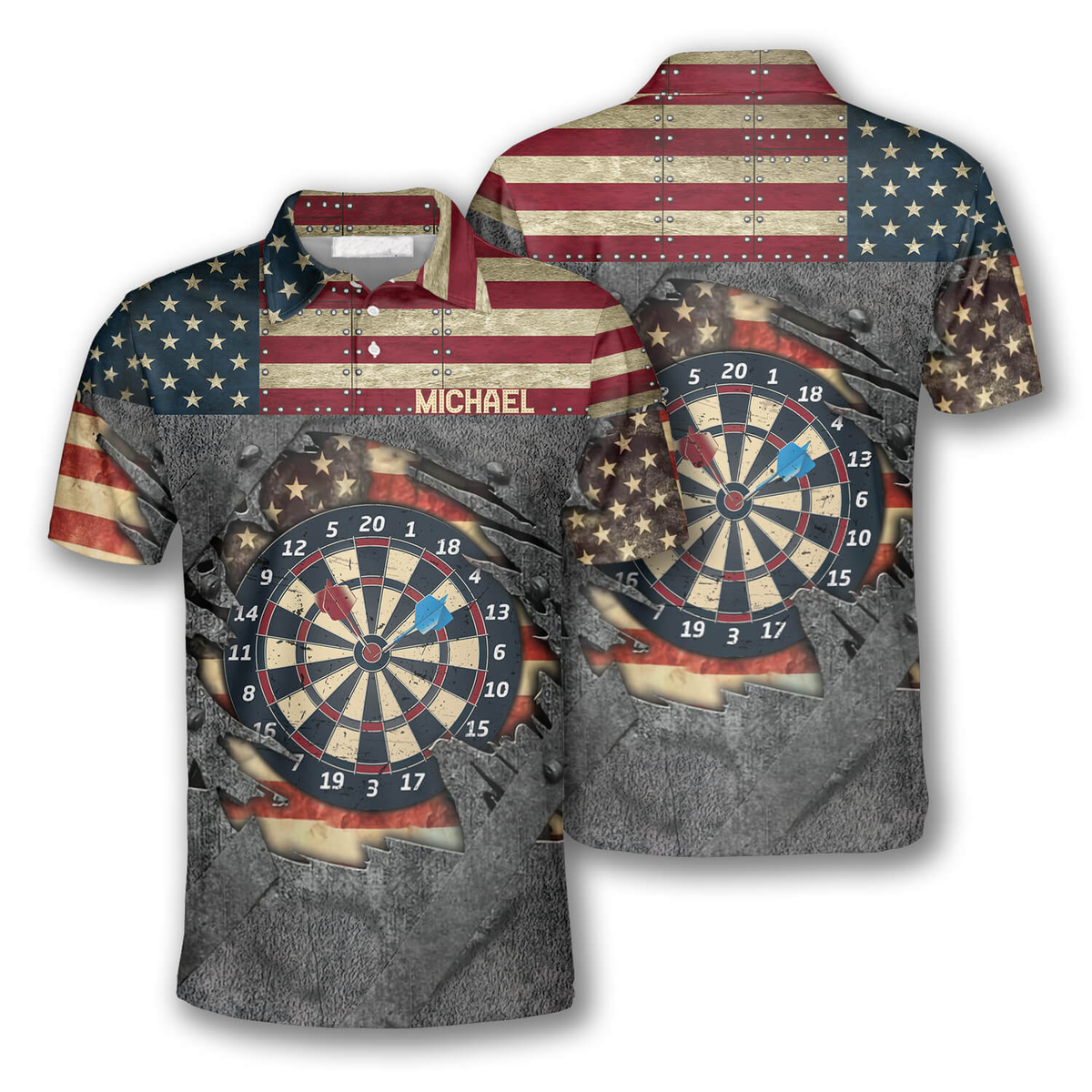 Retro American Flag Personalized Darts Button Polo