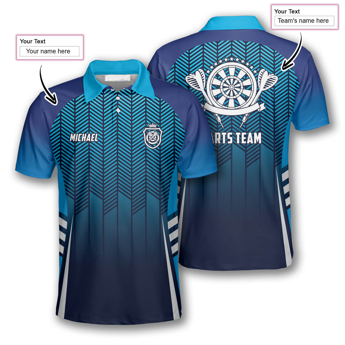 Blue Gradient Sports Style Personalized Darts Button Polo