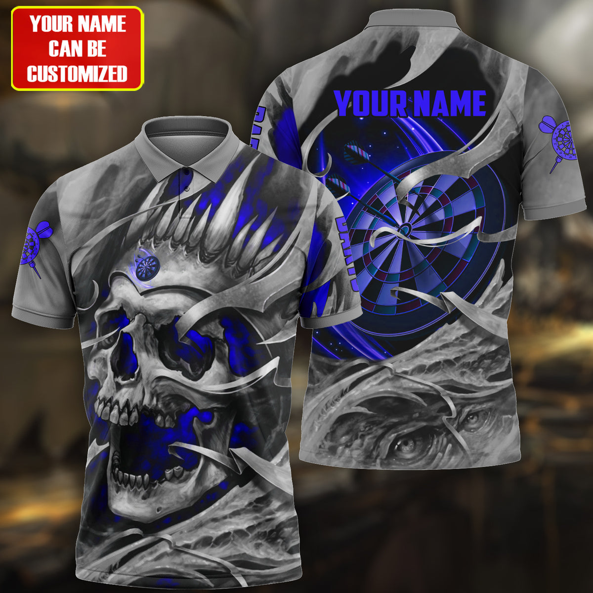 Multicolor Teal Skull Personalized Darts Button Polo